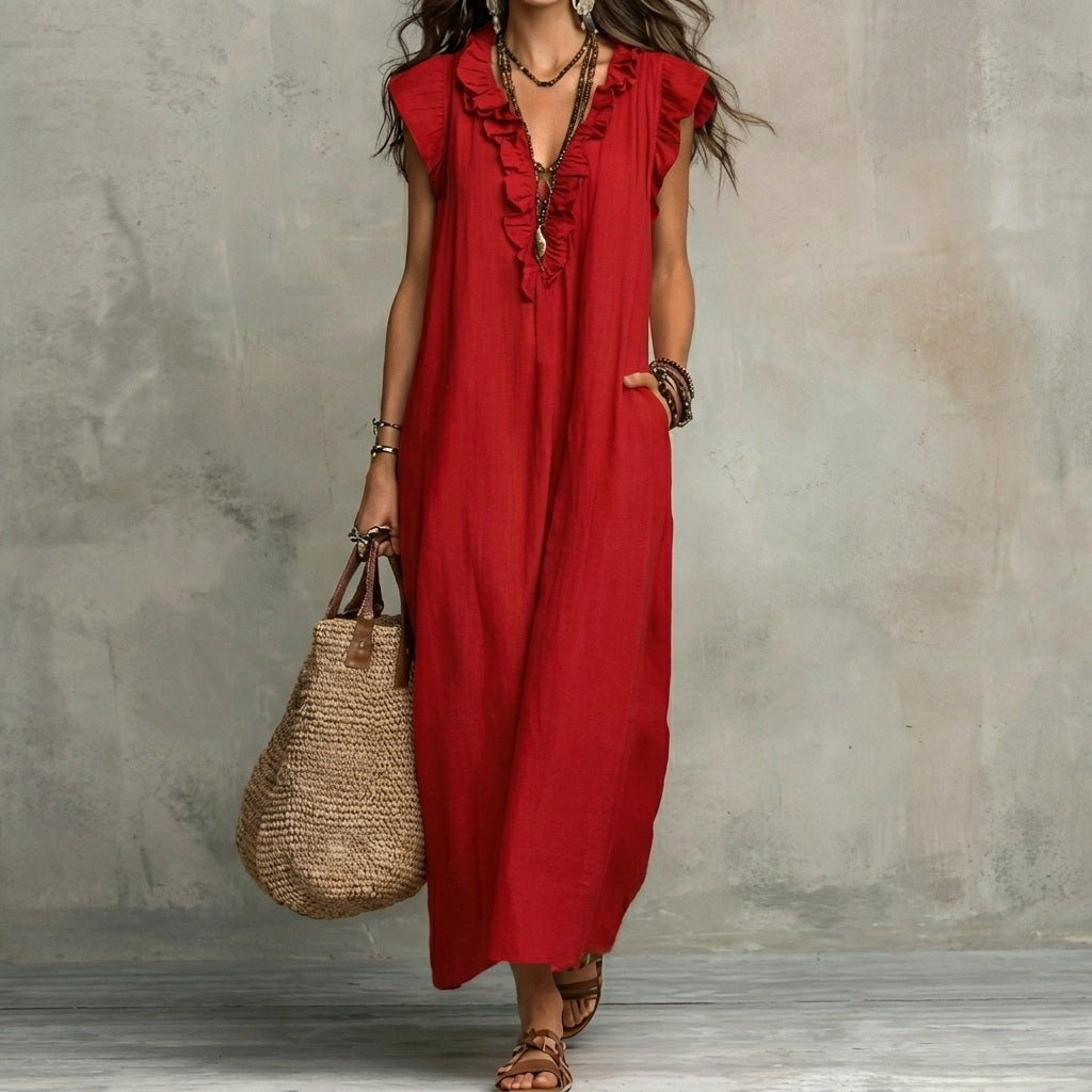 JOSEFINA - Linen V-Neck Ruffle Dress