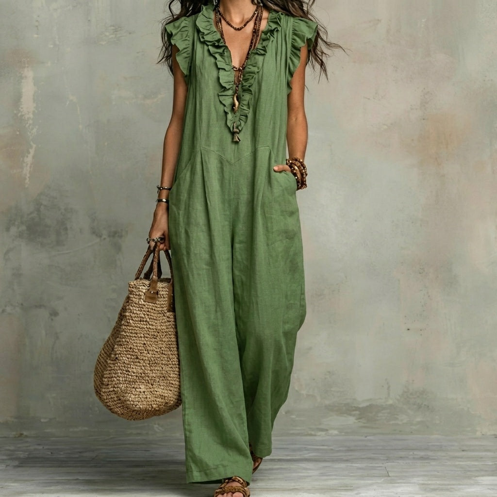 JOSEFINA - Linen V-Neck Ruffle Dress