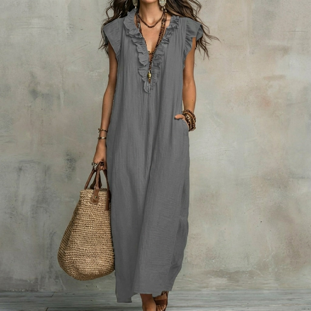 JOSEFINA - Linen V-Neck Ruffle Dress