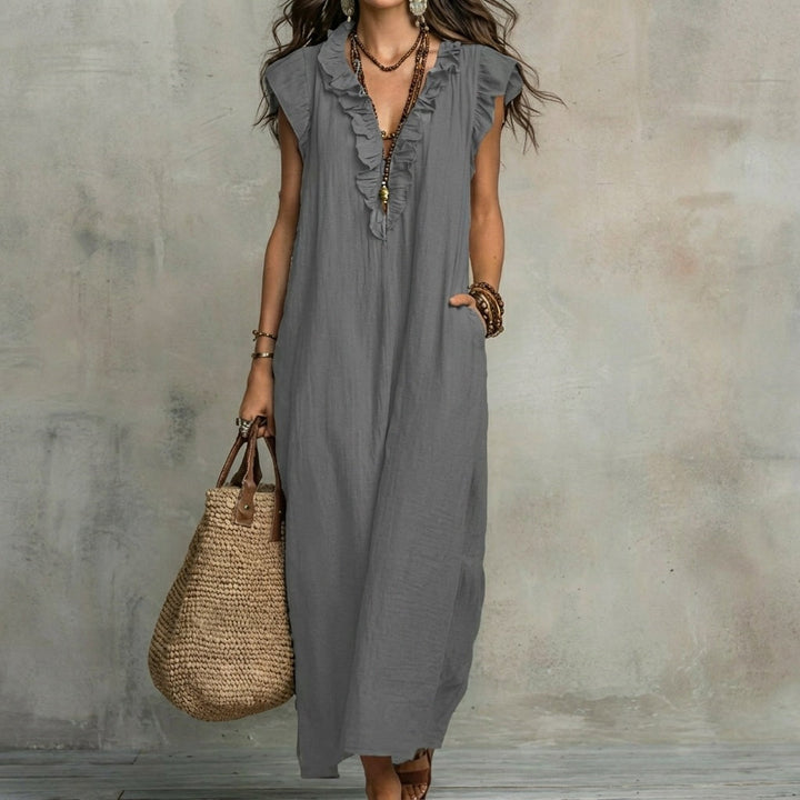 JOSEFINA - Linen V-Neck Ruffle Dress