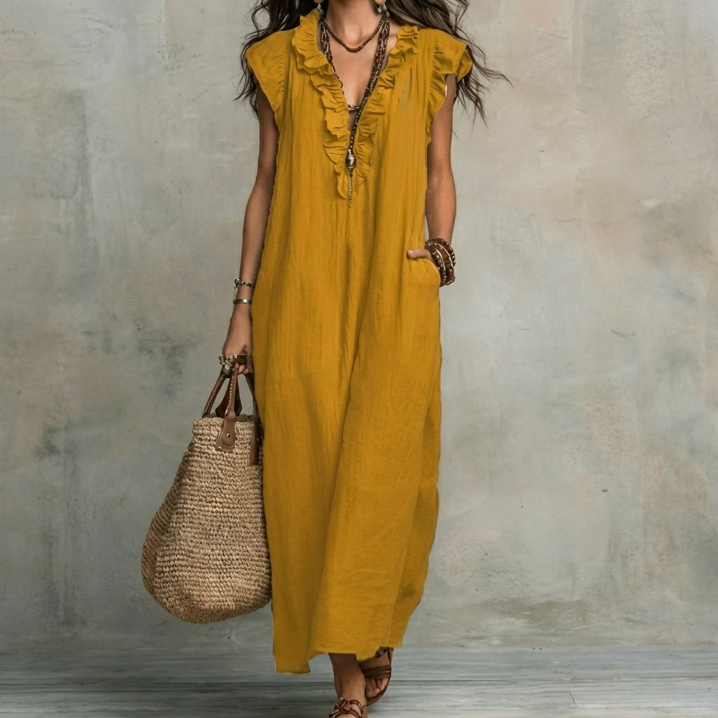 JOSEFINA - Linen V-Neck Ruffle Dress