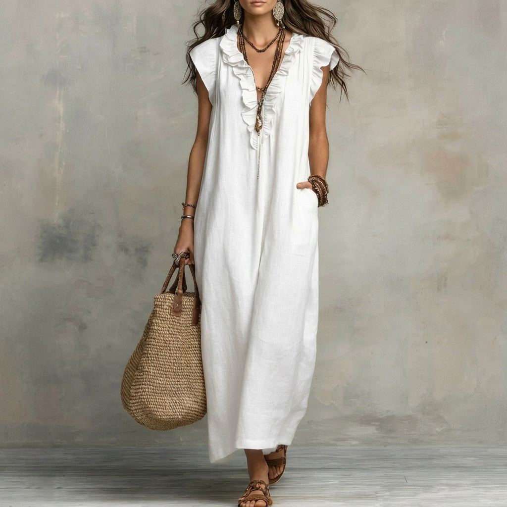 JOSEFINA - Linen V-Neck Ruffle Dress
