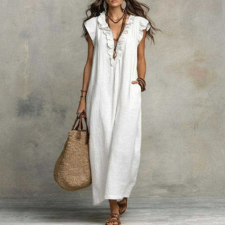JOSEFINA - Linen V-Neck Ruffle Dress