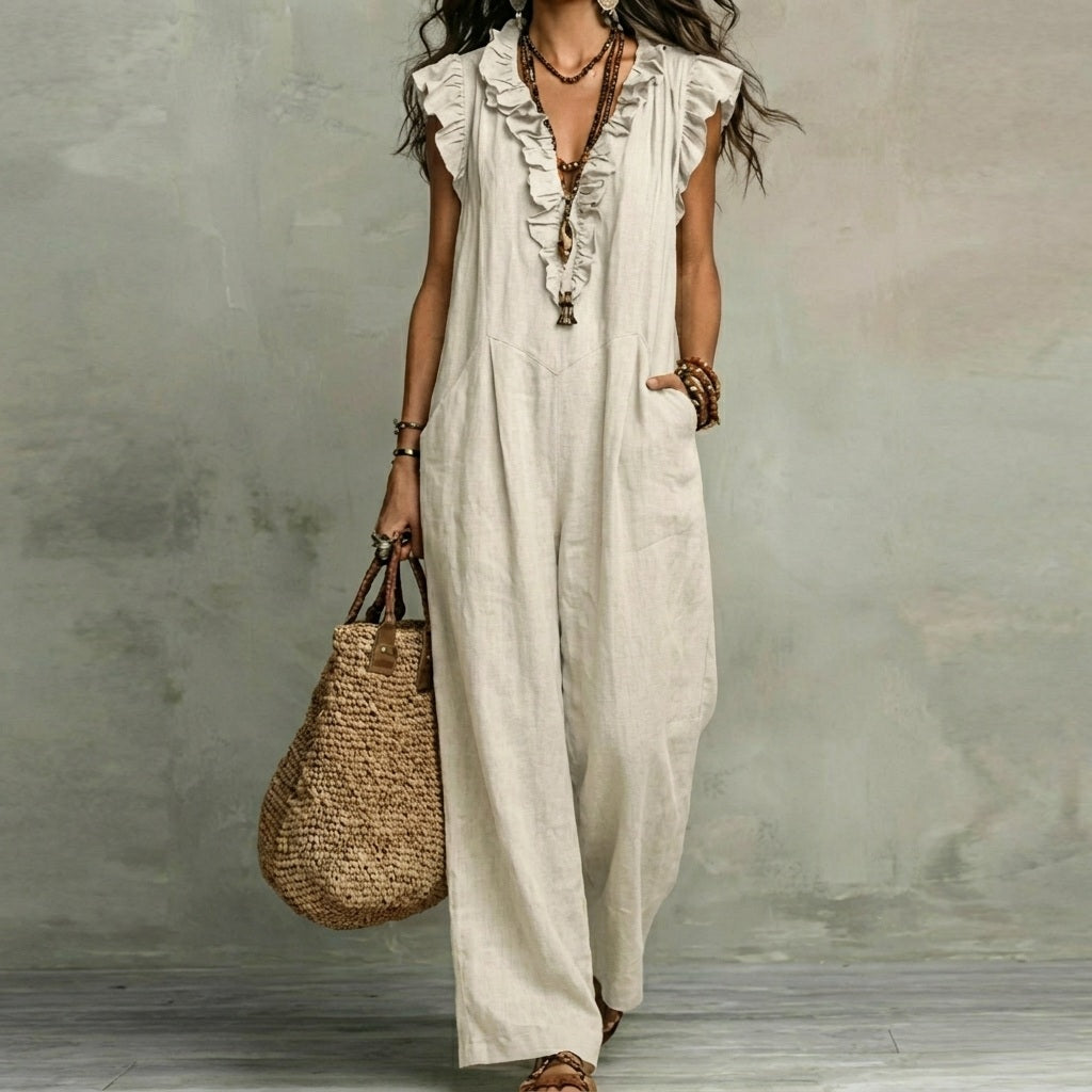 JOSEFINA - Linen V-Neck Ruffle Dress