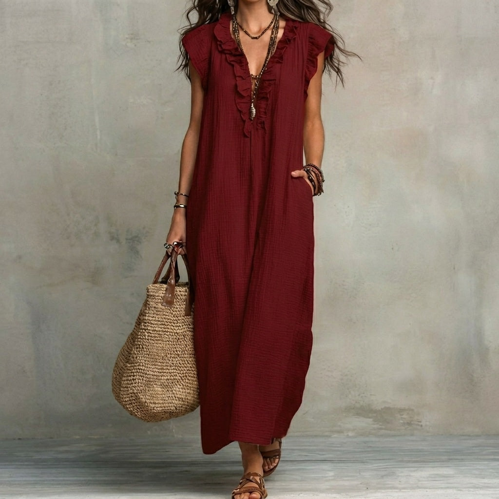 JOSEFINA - Linen V-Neck Ruffle Dress