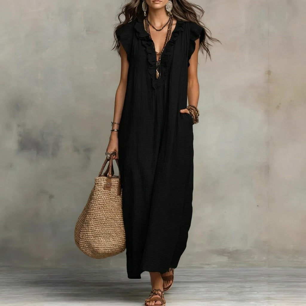 JOSEFINA - Linen V-Neck Ruffle Dress