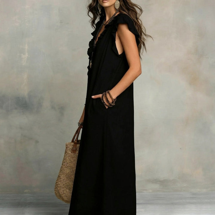 JOSEFINA - Linen V-Neck Ruffle Dress
